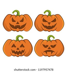 Set of vector images of symbols of a holiday Helloun. Four laughing pumpkins on a white background. Cheerful Jack. Happy Holiday October 31. Drawing for design. Vector color illustration.