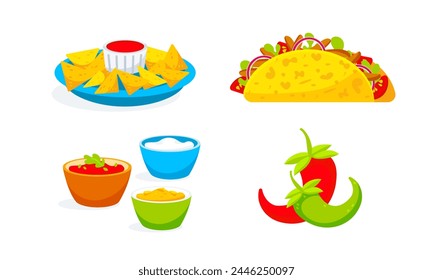 Set of vector images of tacos, sauces, nachos, chili peppers in cartoon style.