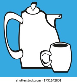 Set of vector images of teapot and cup on a blue background. Isolated drawings.