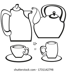 Set of vector images of teapots, cups and saucers on a white background. Isolated drawings.