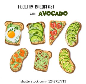 Set of vector images - toasts with avocado on white bread, with different fillings, healthy breakfast, natural food. Hand drawing and flat. Illustration for print, menu design elements.