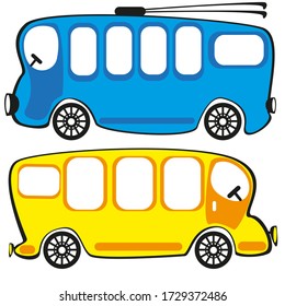Satz von Vektorbildern eines Oberleitungsbusses und eines Busses auf weißem Hintergrund. Einzelne Zeichnungen.