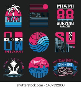 Set of vector images of t-shirts with summer and surf themes. Surfing. For use in typography, logos, badges and other uses.