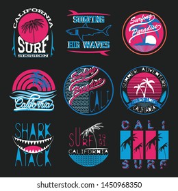 Set of vector images of t-shirts with summer and surf themes. Surfing. For use in typography, logos, badges and other uses.