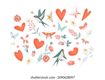 Set of vector images for Valentine's Day with wildflowers, butterflies, swallows and hearts isolated on white background