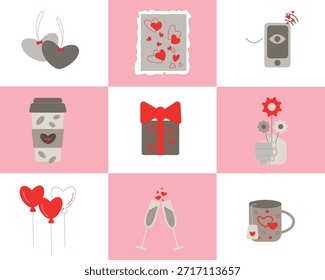 Un conjunto de Imágenes vectoriales para el día de San Valentín. Regalo, flores en mano, globos. Concepto de amor.