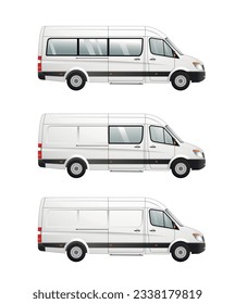 A set of vector images of variants of minibuses with an extended base. Passenger, cargo-passenger, cargo. Urban transport. Vector illustration.