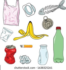 Set of vector images of various types of garbage. Contains images such as Banana Skin, Fish Bone, Trash and more.