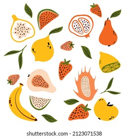 set of vector images of vegetables and fruits, tropical fruits, summer food, healthy food, vitamins and fruit juice, banana and mango, lemon and passion fruit, modern simple style, freehand drawing, f