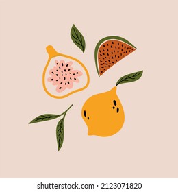 conjunto de imágenes vectoriales de verduras y frutas, frutas tropicales, alimentos de verano, alimentos saludables, vitaminas y zumos de frutas, plátanos y mango, limón y fruta de la pasión, estilo moderno sencillo, dibujo a mano alzada