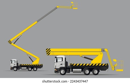 A set of vector images of a vehicle with an air basket for work at height in the transport and working positions. Vector illustration.