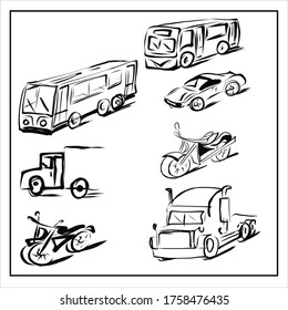 Set of vector images of vehicles on an isolated background. All pictures can be used separately, scaled. Bus, motorcycle, bike, truck, race car, car.
