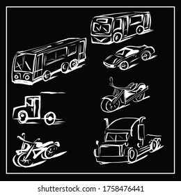 Set of vector images of vehicles on an isolated background. All pictures can be used separately, scaled. Bus, motorcycle, bike, truck, race car, car.