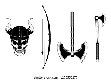 Set of vector images of a viking skull in a helmet with horns, bow, arrow, axes.