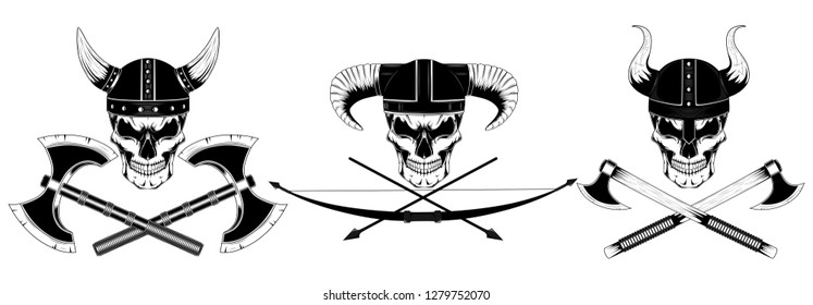 Set of vector images of viking skulls in helmets with weapons.