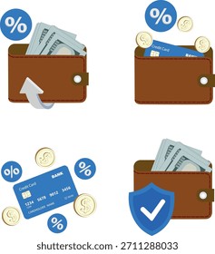 A set of vector images with wallets, credit cards, coins, percentage signs, growth, and financial protection isolated on white background.