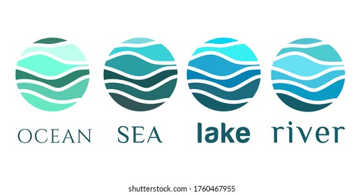 Set of vector images of waves of the sea, ocean, lake, river flow. Abstract pattern of wavy lines in blue color. Logo template, sticker, badge, icon, pictogram for tourism, voyage, cruise travel.