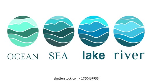 Set Of Vector Images Of Waves Of The Sea, Ocean, Lake, River Flow. Abstract Pattern Of Wavy Lines In Blue Color. Logo Template, Sticker, Badge, Icon, Pictogram For Tourism, Voyage, Cruise Travel.