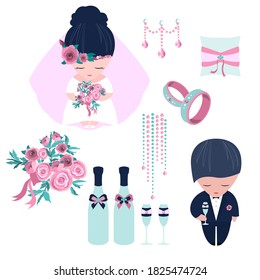 Set of vector images of wedding decorations, icon of a cute bride in a wedding dress and veil, icon of a groom in a festive suit, a bouquet of flowers with a ribbon and a scattering of crystals