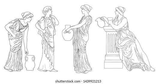 A set of vector images of women of ancient Greek style isolated on white background.