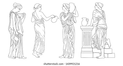 A Set Of Vector Images Of Women Of Ancient Greek Style Isolated On White Background.