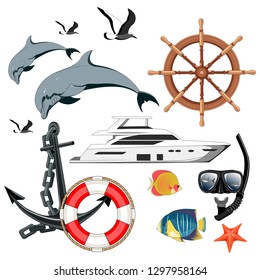 Set of vector images yacht, lifebuoy, ship steering wheel, dolphins, seagulls, fishes, diving mask and snorkel, sharks, starfish, anchor.