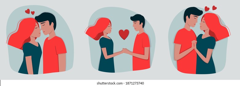 Set of vector images of young people in love. Love in the time of a pandemic. Flat illustration for Valentine's Day. Template for postcards, banners, and websites.