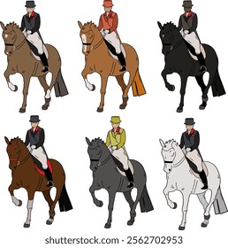  Set of vector images.Horses of different colors on a transparent background.Dressage.Element of dressage. Stickers