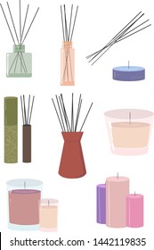 A set of vector incense sticks and aromatic candles in pleasant and soothing colors. Set of spa items. Elements for design.