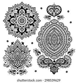 Set Of Vector Indian Floral Ornaments. Mandala. Henna