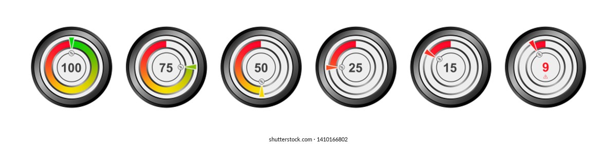 Set of vector indicator of the level of the battery, oxygen, capacity, energy. Round percentage diagrams from 9 to 100 for web design, ui or infographic.