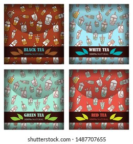 Set of vector individual packages for tea-bags. Realistic template, mock-up of tea packets with label, sticker. Backgrounds for black, white, green, red tea. Pattern with cups, bottles, drinks