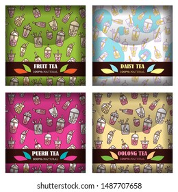 Set of vector individual packages for tea-bags. Realistic template, mock-up of tea packets with label, sticker. Backgrounds for fruit, daisy, puerh, oolong tea. Pattern with cups, bottles, drinks