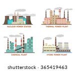 Set of vector industrial flat illustration of different types of power plants. Conception of making energy and pollution of the environment. Nuclear, thermal, hydro, chemical energy. EPS 10