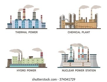 Set of vector industrial flat illustration of different types of power plants. Conception of making energy and pollution of the environment. Nuclear, thermal, hydro, chemical energy.