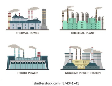 Set of vector industrial flat illustration of different types of power plants. Conception of making energy and pollution of the environment. Nuclear, thermal, hydro, chemical energy.