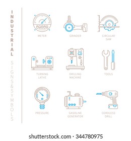 Set of vector industrial icons and concepts in mono thin line style