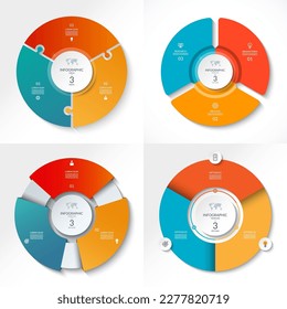 Set of vector infographic circles, cycle diagrams with 3 steps. Different variants of design of round chart that can be used for report, business analytics, data visualization and presentation.