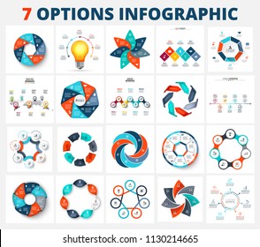 Set of vector infographic design layouts with 7 options, parts or step. Minimal, flat and realistic diagrams. Business presentation.