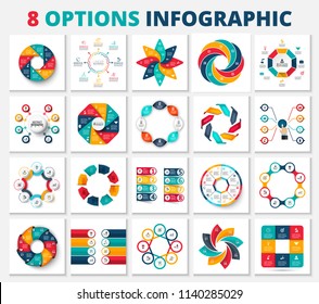 Set of vector infographic design layouts with 8 options, parts or step. Minimal, flat and realistic diagrams. Business presentation.