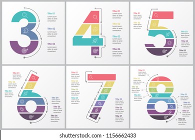Set of vector Infographic design template with  3, 4, 5, 6, 7, 8 options or steps. Business concept. Can be used for presentations banner, workflow layout, process diagram, flow chart, info graph