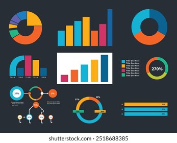 A set of vector info-graphic elements, including colorful pie charts, bar graphs, percentage circles, and flowcharts. The design is modern and clean.