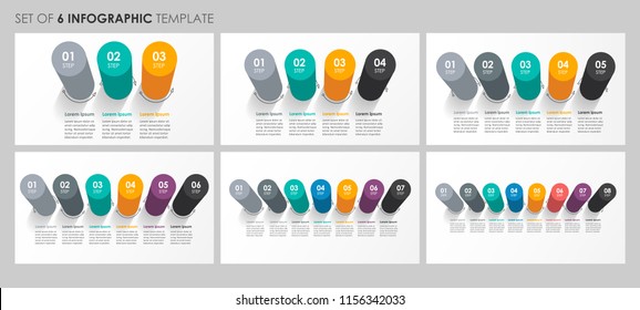 Set of vector Infographic label design with 3, 4, 5, 6, 7, 8 options or steps. Business concept. Can be used for presentations banner, workflow layout, process diagram, flow chart, info graph