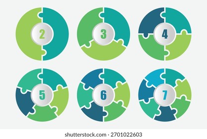 Conjunto de modelos circulares de quebra-cabeças de infográfico vetorial. Diagramas de ciclo com 2, 3, 4, 5, 6, 7 partes, opções. Processo e conceito segmentado. ilustração de vetor.