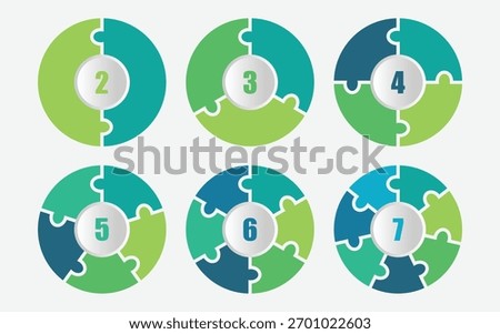 Set of vector infographic puzzle circular templates. Cycle diagrams with 2, 3, 4, 5, 6, 7 parts, options. Process and segmented concept. vector illustration.