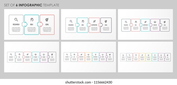 Set of vector Infographic thin line design template with icons and 3, 4, 5, 6, 7, 8 options or steps. Can be used for presentations banner, workflow layout, process diagram, flow chart, info graph
