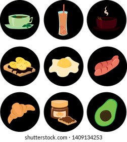 Set of vector ingredients for breakfast. Fried eggs, sausages, tea. Design for the logo of the menu, cafe, restaurant.
