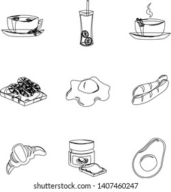 Set of vector ingredients for breakfast. Scrambled eggs, toast, coffee. Design for the menu, cafe. Black contours.
