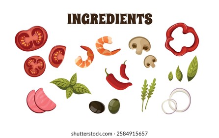 Set of vector ingredients, for cooking, for pizza, Italian dishes. Shrimp, ham, vegetables, mushrooms, onions, arugula, paprika, chili pepper, olives, tomatoes.