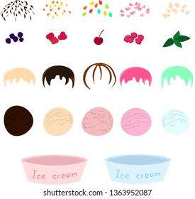 Set of vector ingredients for ice cream: ice-cream bowls, ice cream balls, decorative objects. Menu design, recipes, cafe. Summer.